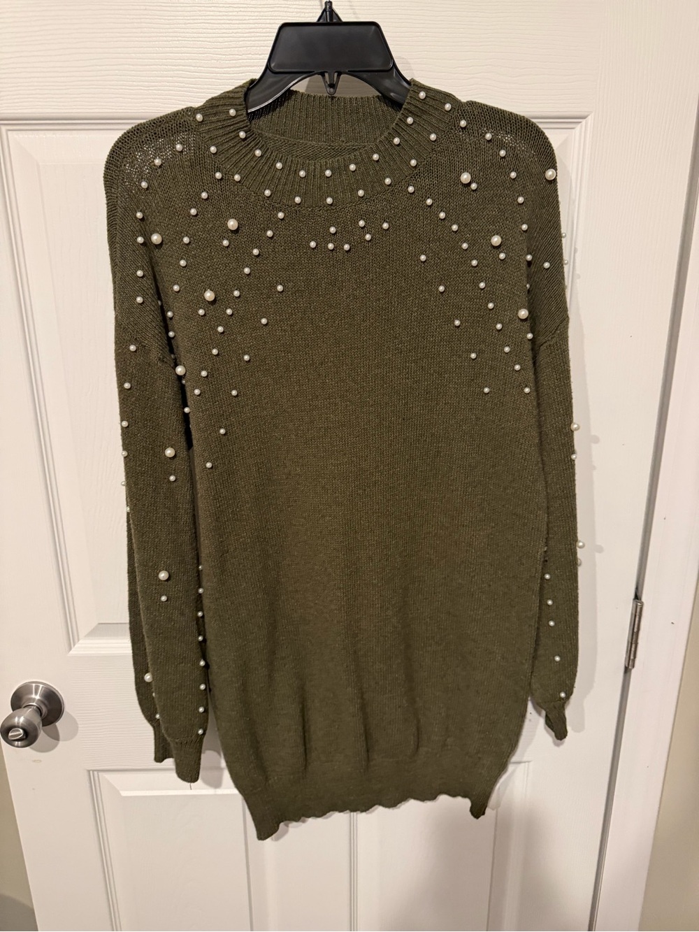 Amazon Olive Green Pearl-Embellished Mini Dress